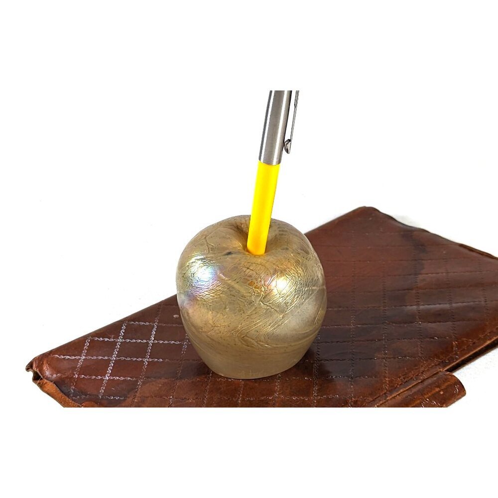 Vintage Art glass apple pen stand, artist signed glass paperweight, iridescent